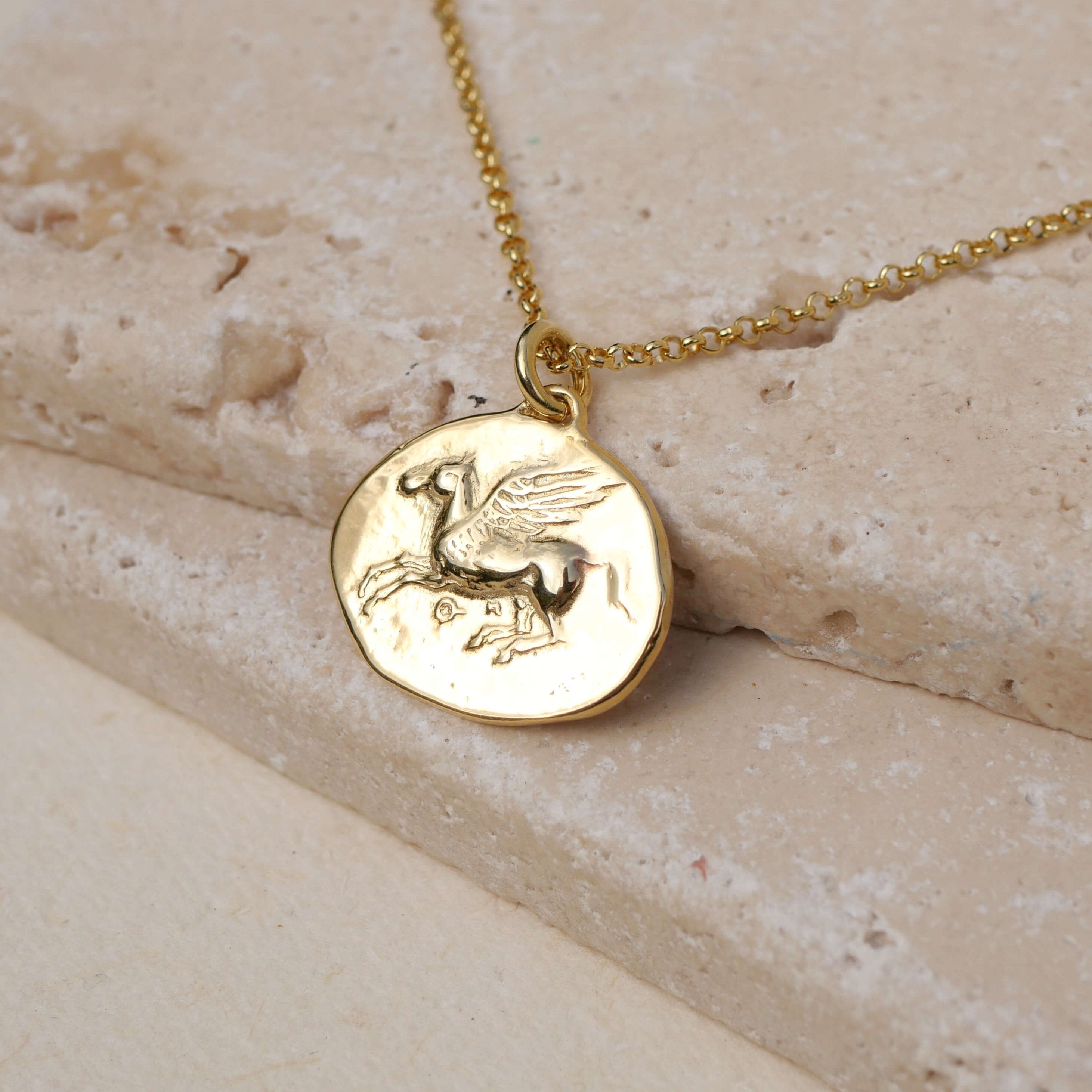 Kette Pegasus Münzanhänger aus 925 Sterling Silber mit 18K gold vermeil, das geflügelte Pferd steht als symbol für die Kraft- True Nuggets of Love 