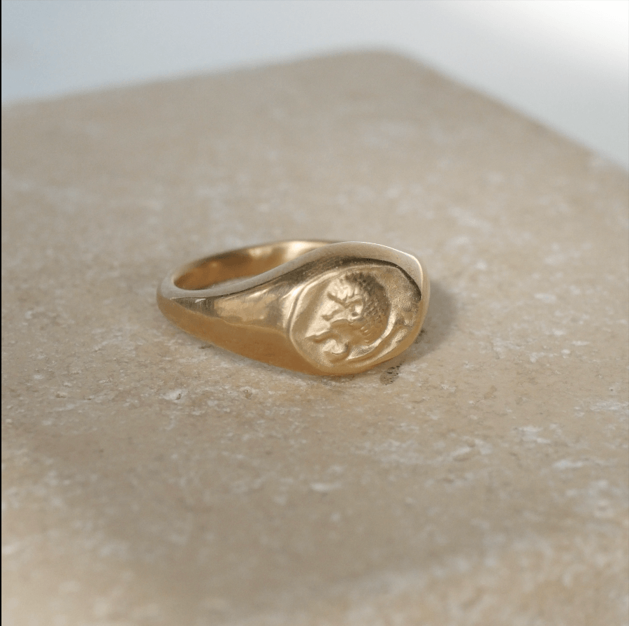 Leona zarter Siegelring mit Münzabruck einer antiken Münze um 511 v.Chr. mit Löwenkopf - motiv von True Nuggets aus 585er Gelbgold.