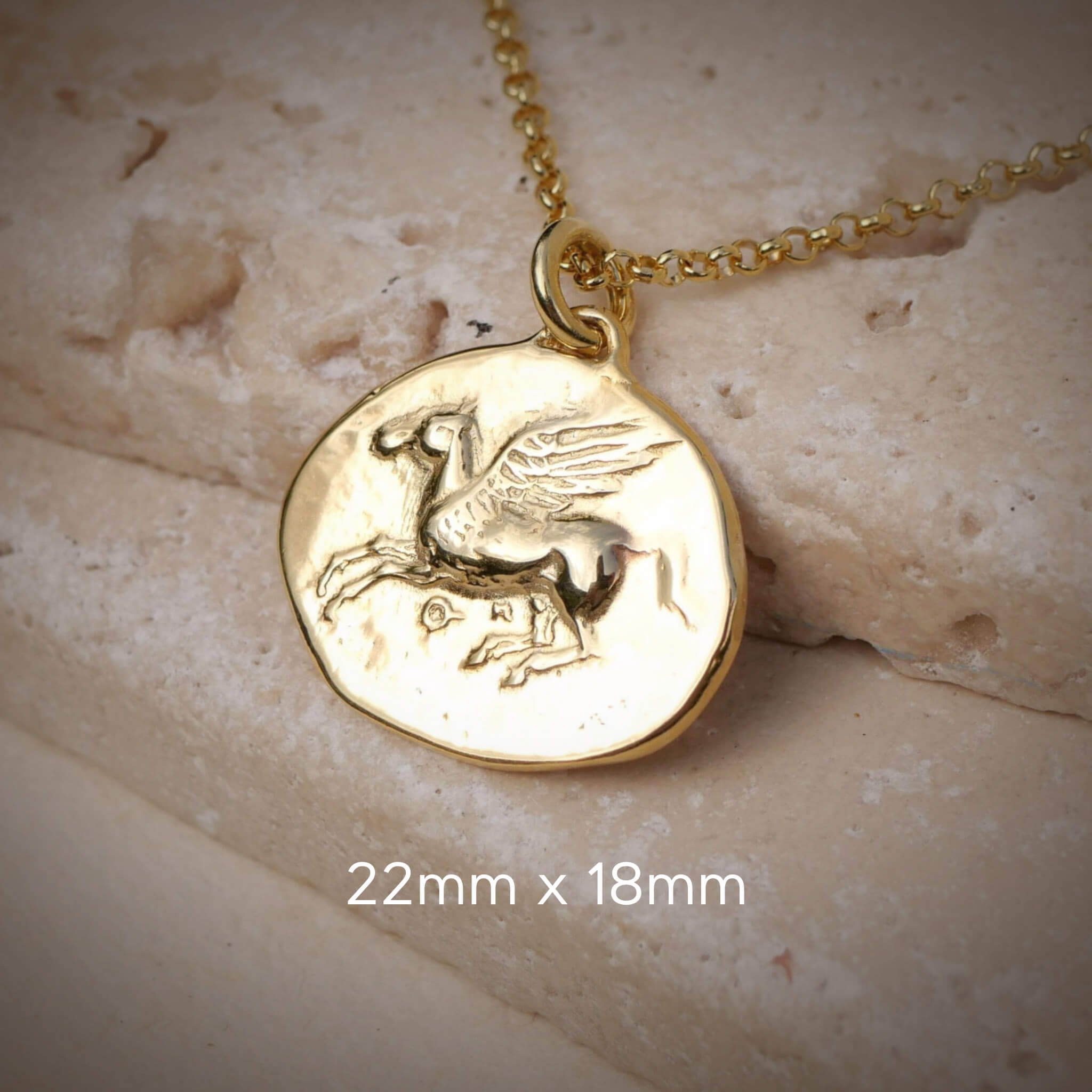Größenangabe des Pegasus Münzanhängers aus 585er Gelbgold 22x18mm von True Nuggets