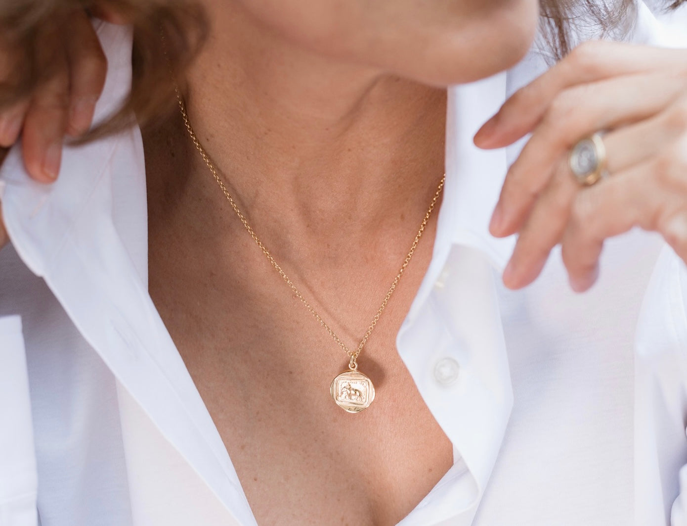 Nahaufnahme der Kette mit Elefanten Siegel aus 18K Gold Vermeil. True Nuggets