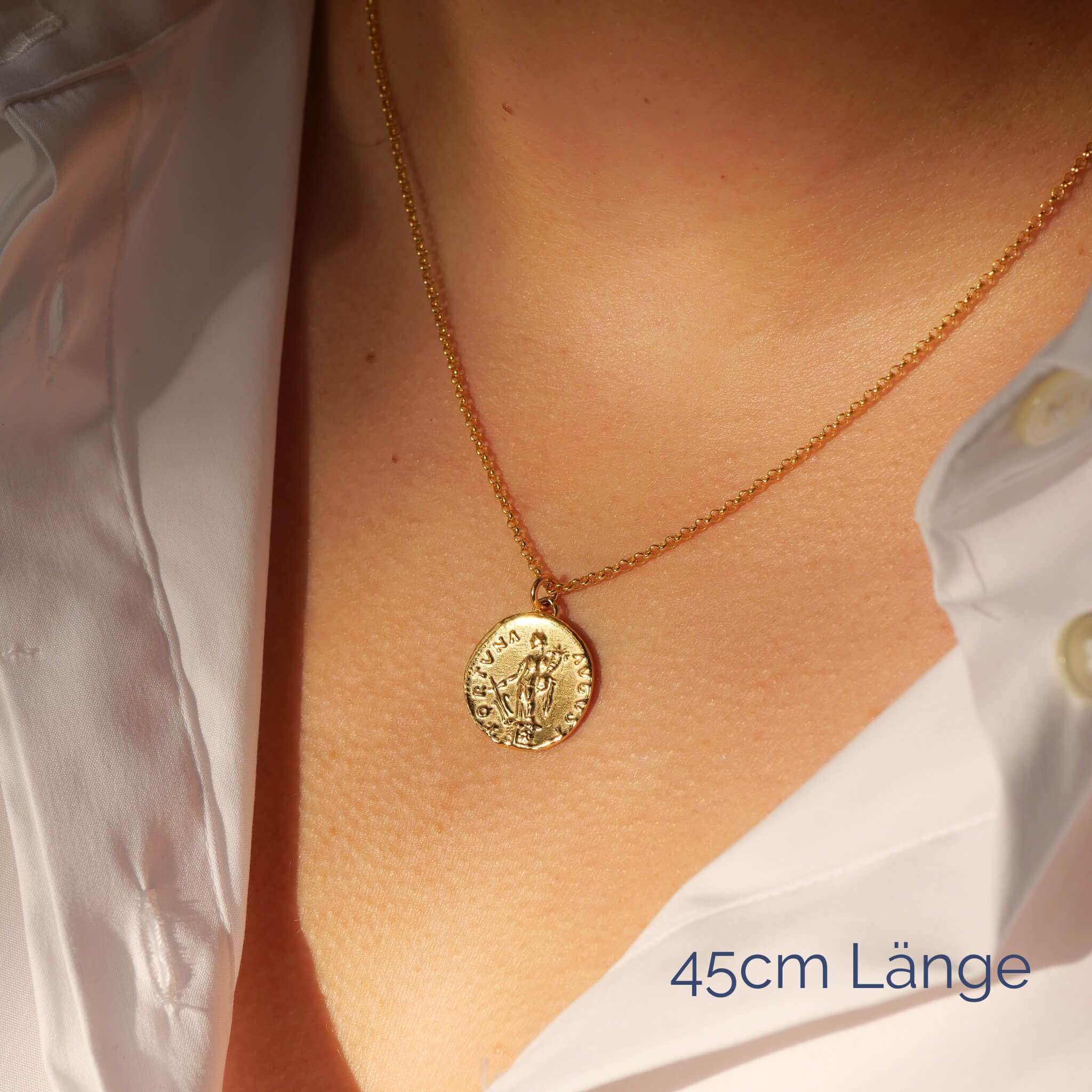 Kette Fortuna, der Göttin des Glücks aus 925 Sterling Silber, antike nachprägung mit 18K gold vermeil vergoldeter Talisman, Kette mit Münze 45cm Länge - True Nuggets of love