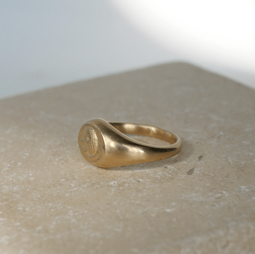 seitliche Ansicht Leona Löwenkopf Motiv Ring mit Münzabruck einer antiken Münze um 511 v.Chr.  - motiv von True Nuggets aus 585er Gelbgold.