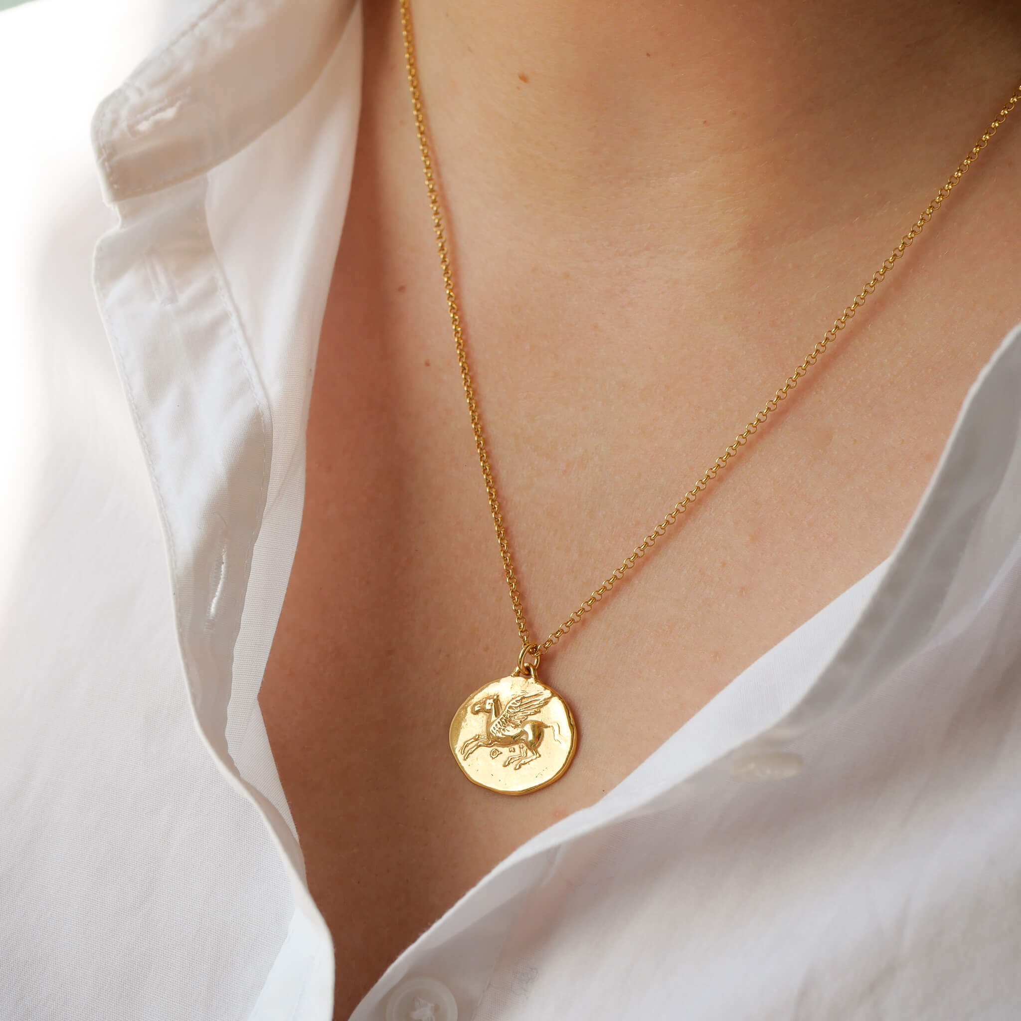 Kette Pegasus Münzanhänger aus 925 Sterling Silber mit 18K gold vermeil, das geflügelte Pferd steht als symbol für die Kraft- True Nuggets of Love 