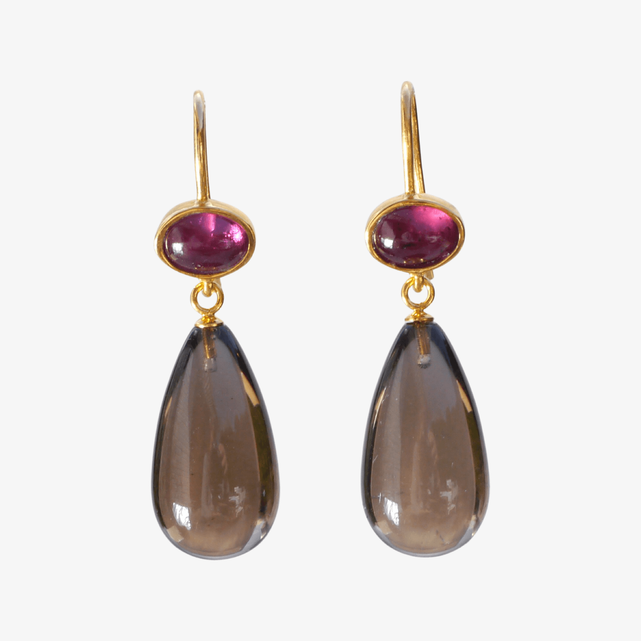 Ohrringe Thea mit Rauchquarz und Rhodolit, aus 925er Silber, vergoldet - True Nuggets of Love